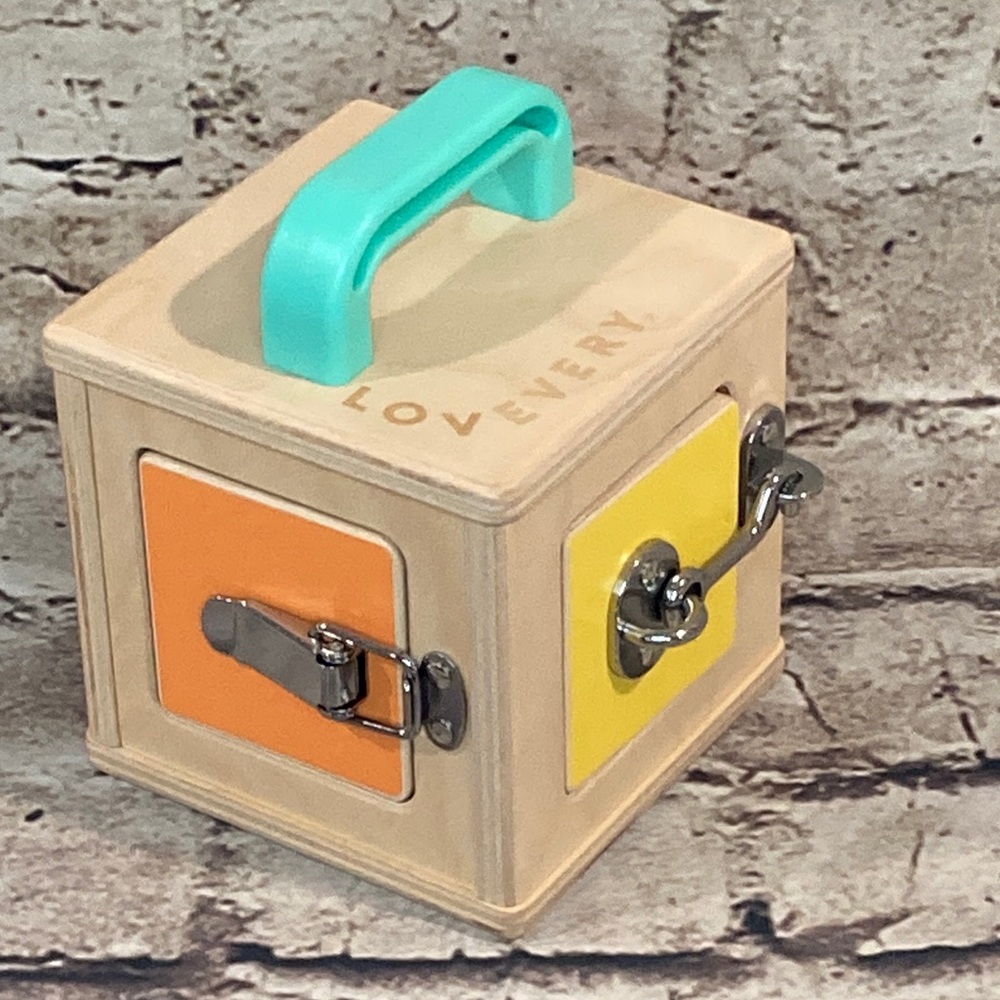 Lovevery Toddler Lock Box Toy - Teal Handle with Orange & Yellow Panels